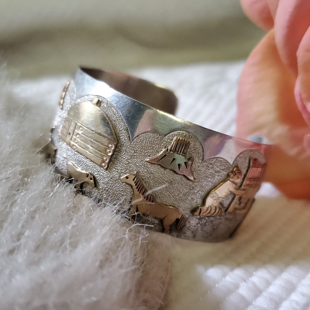Sterling 12k GF Signed RR Russ Rockbridge Navajo Storyteller Cuff Bracelet J-479